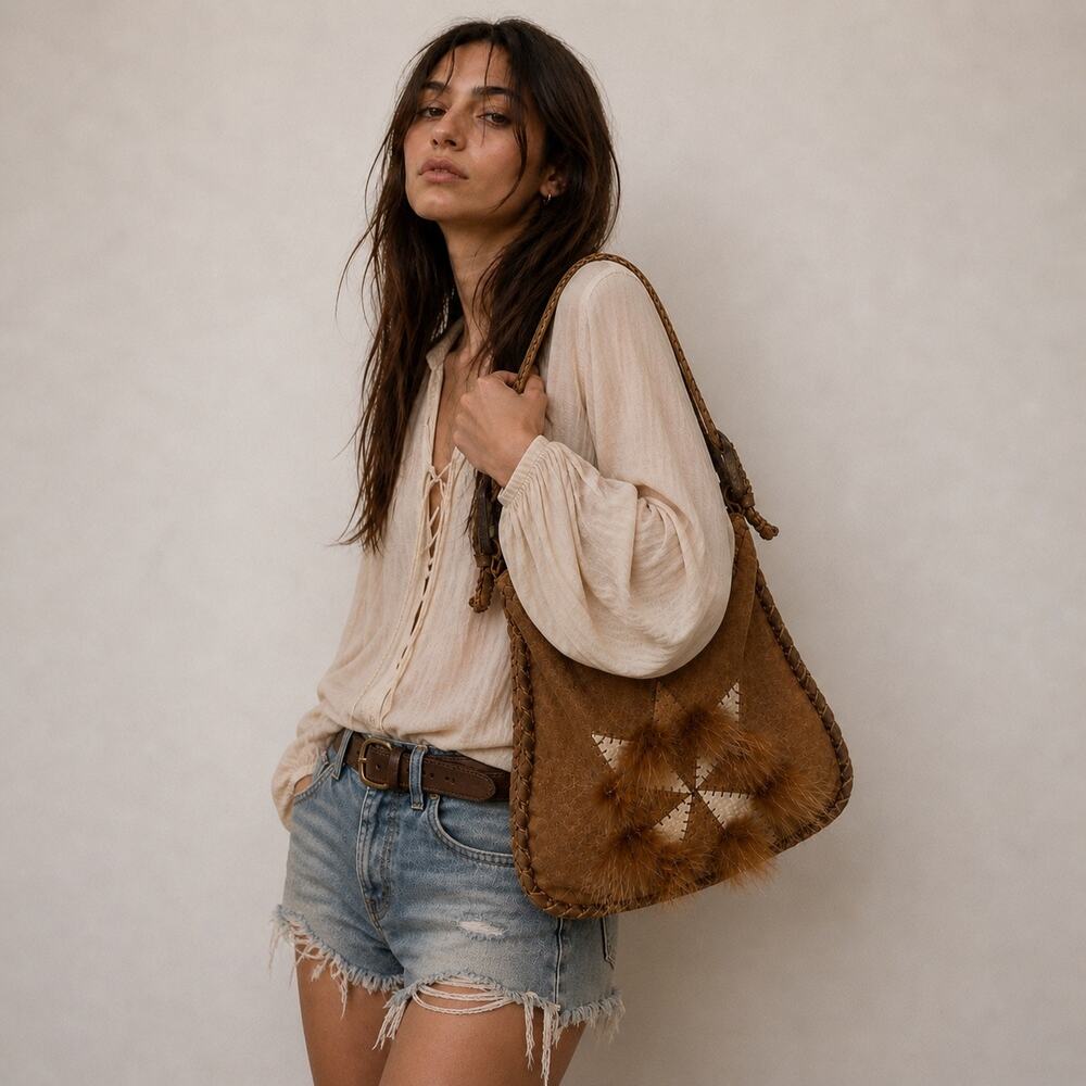 DESMO Italy Suede Leather Fur Shoulder Bag Boho Y2K Artisan Hobo Style